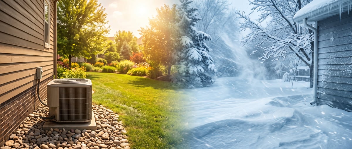 Split image showing HVAC unit in green summer yard on left, transitioning to snowy winter landscape on right
